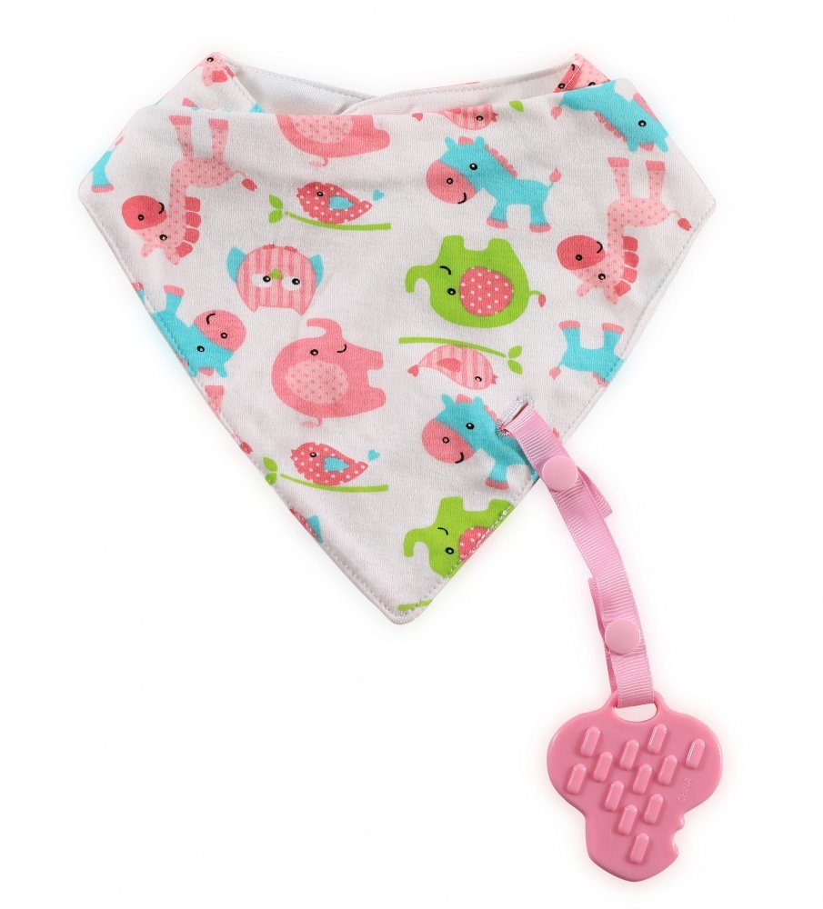 Baveta tip bandana cu snur si jucarie dentitie bumbac Girl roz – imaginea 3