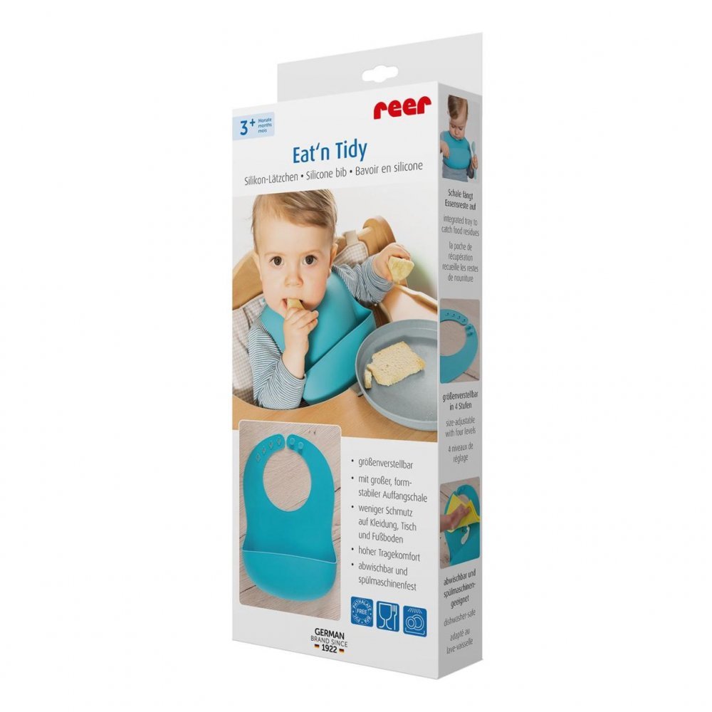 Bavetica Reer reglabila din silicon moale cu buzunar colector Eatn Tidy Albastra 25033 – imaginea 2