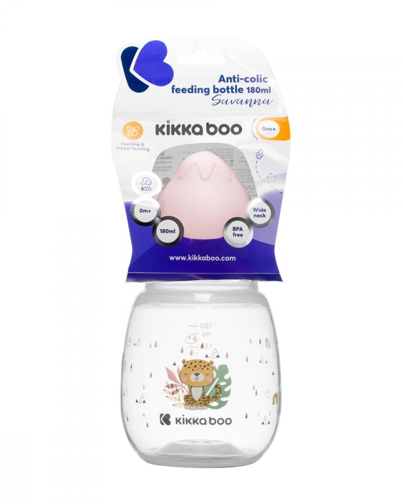 Biberon Kikkaboo Savanna Pink 180ml cu gat larg si tetina anti-colici din silicon,fara bpa,recomandat de la nastere – imaginea 3