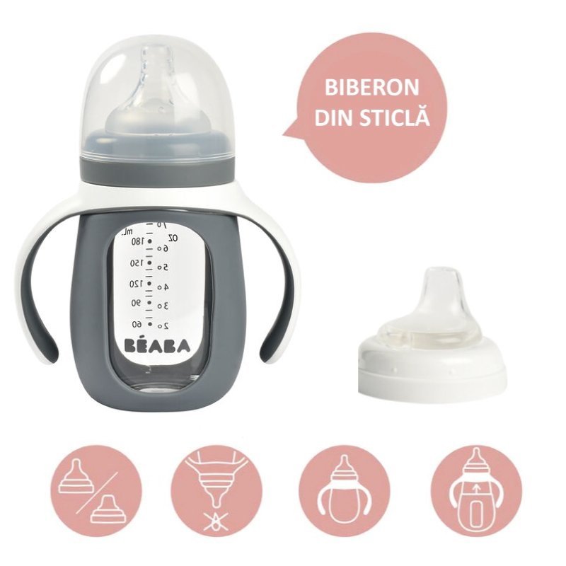 Biberon de invatare 2 in 1 din sticla Beaba 210 ml Mineral Grey – imaginea 2