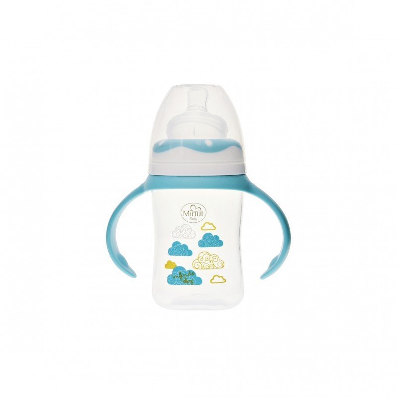 Biberon gat larg cu manere Minut Baby cu tetina silicon 0+ 150 ml turcoaz – imaginea 4