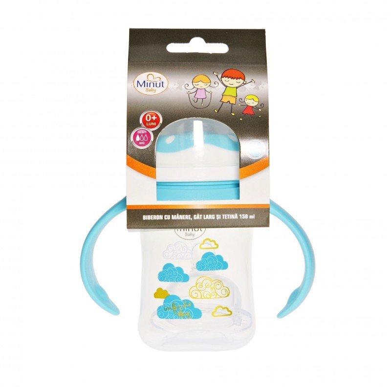 Biberon gat larg cu manere Minut Baby cu tetina silicon 0+ 150 ml turcoaz – imaginea 2