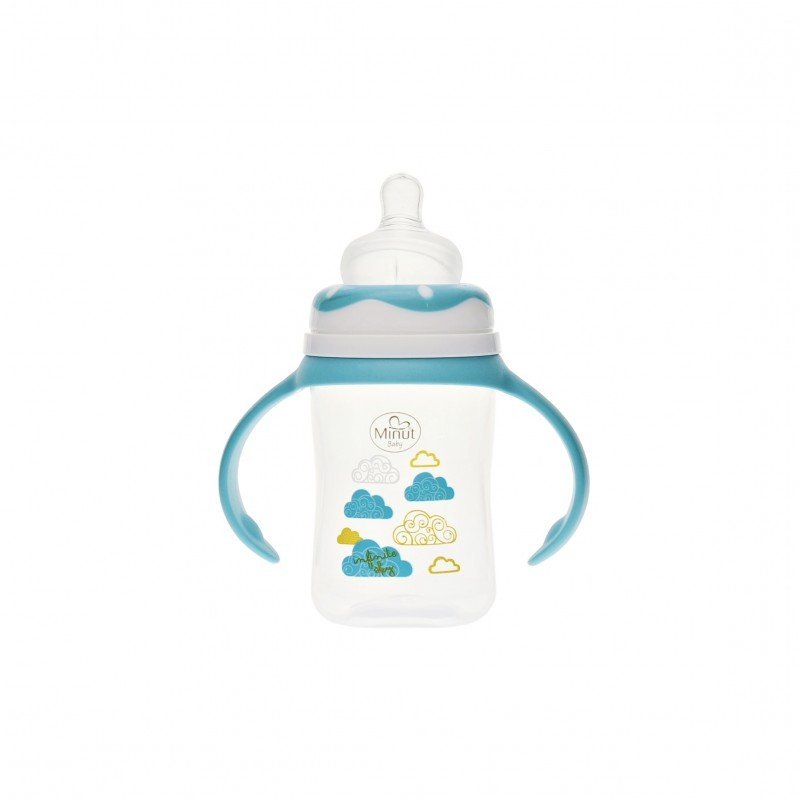 Biberon gat larg cu manere Minut Baby cu tetina silicon 0+ 150 ml turcoaz – imaginea 3