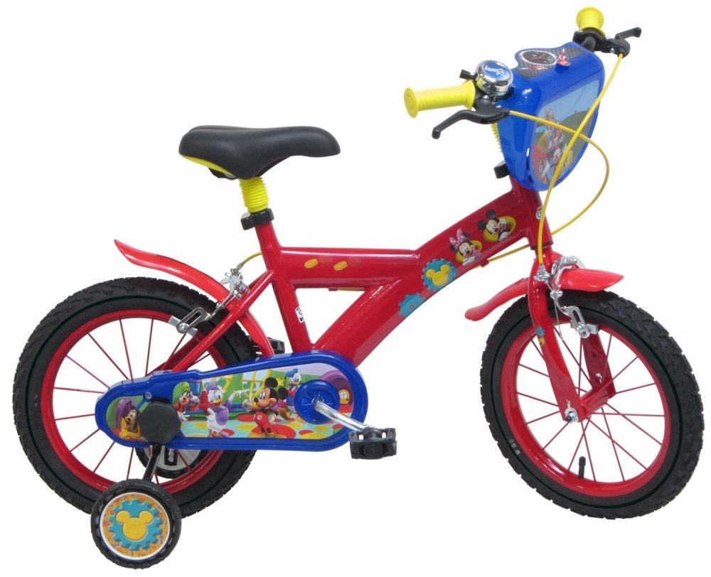 Bicicleta copii Denver Mickey Mouse 14 inch, varsta 4-5.5 ani, inaltimea 95-115 cm, roti ajutatoare, scaun si ghidon ajustabile, frana de mana pe ambele roti