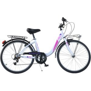 Bicicleta Dino Bikes City Summertime alb 24 inch de la 9 ani, inaltimea 135-145 cm, frana de mana pe roata fataspate, avertizor luminos, cric, dispune de transmisie Shimano cu 6 viteze, portbagaj fataspate