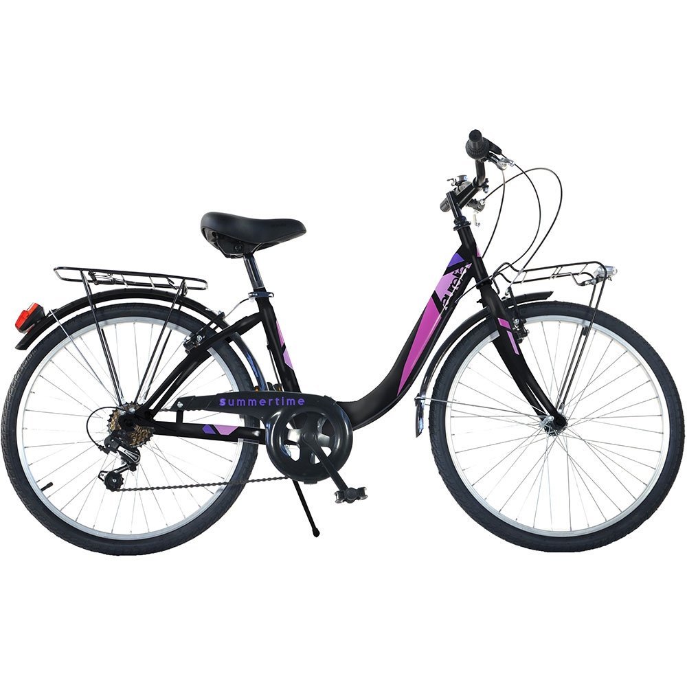 Bicicleta Dino Bikes City Summertime negru 24 inch de la 9 ani, inaltimea 135-145 cm, frana de mana pe roata fataspate, avertizor luminos, dispune de transmisie Shimano cu 6 viteze, portbagaj fataspate