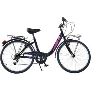 Bicicleta Dino Bikes City Summertime negru 26 inch, de la 11 ani, inaltime de peste 145 cm, frana de mana pe roata fataspate, portbagaj fataspate, transmisie Shimano cu 6 viteze, claxon si cric