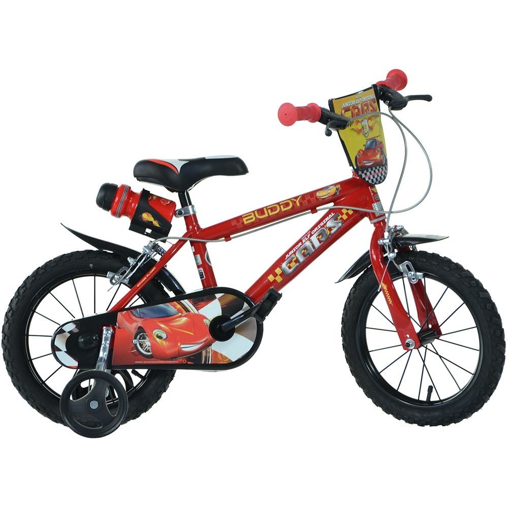 Bicicleta copii Dino Bikes Cars 14 inch, varsta 4-7 ani, inaltimea 95-115 cm, anvelope gonflabile, frana de mana pe roata fataspate, pinion spate fix, roti ajutatoare detasabile, suport cu sticla de apa – imaginea 6