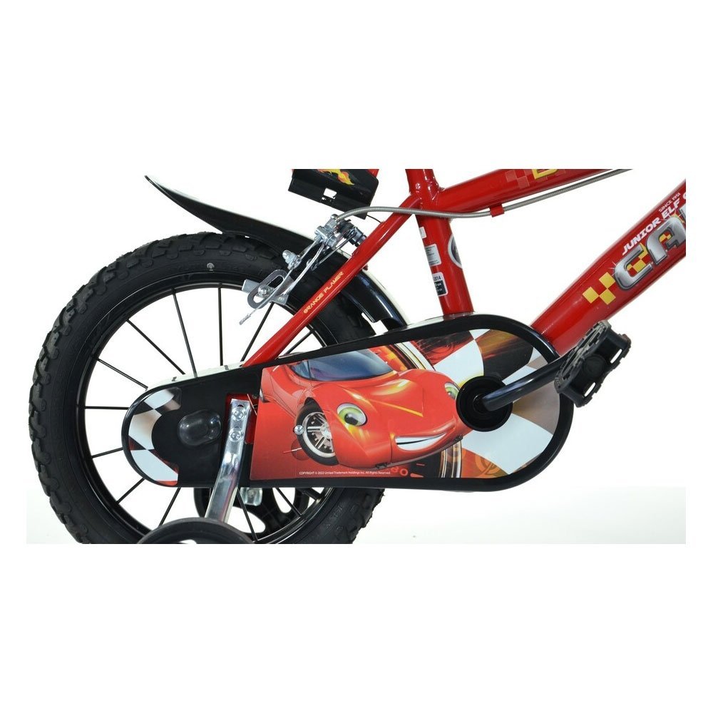 Bicicleta copii Dino Bikes Cars 14 inch, varsta 4-7 ani, inaltimea 95-115 cm, anvelope gonflabile, frana de mana pe roata fataspate, pinion spate fix, roti ajutatoare detasabile, suport cu sticla de apa