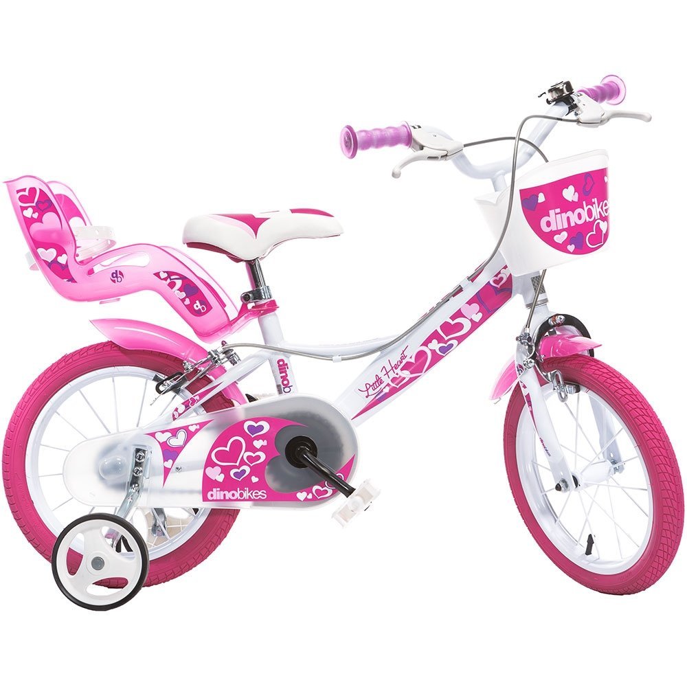Bicicleta copii Dino Bikes Little Heart alb si roz 14 inch, varsta 4-7 ani, inaltimea 95-115 cm, frana de mana pe roata din fataspate, cosulet fata si scaun pentru papusa in spate, pinion spate fix, roti ajutatoare detasabi – imaginea 2