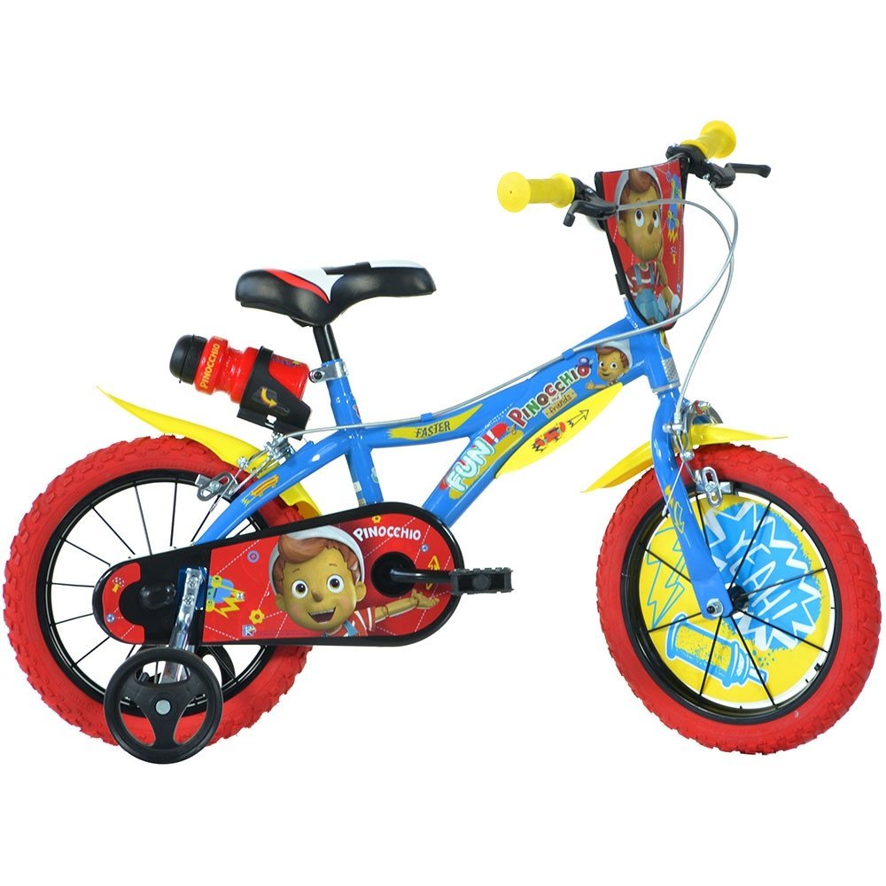 Bicicleta copii Dino Bikes Pinocchio 14 inch, varsta 4-7 ani, inaltimea 95-115 cm, frana de mana pe roata fataspate, pinion spate fix, roti ajutatoare detasabile, suport cu sticla de apa – imaginea 7