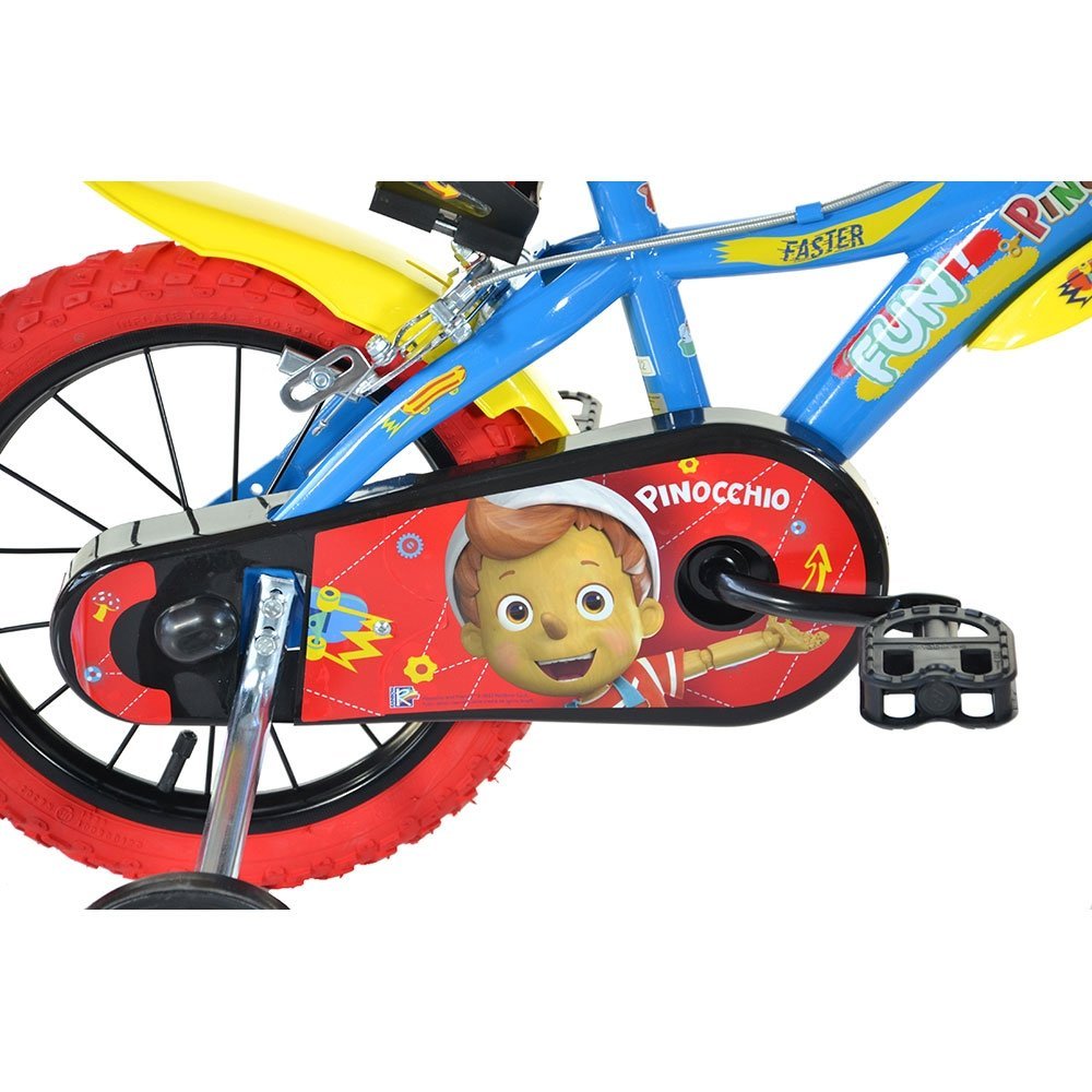 Bicicleta copii Dino Bikes Pinocchio 14 inch, varsta 4-7 ani, inaltimea 95-115 cm, frana de mana pe roata fataspate, pinion spate fix, roti ajutatoare detasabile, suport cu sticla de apa – imaginea 2
