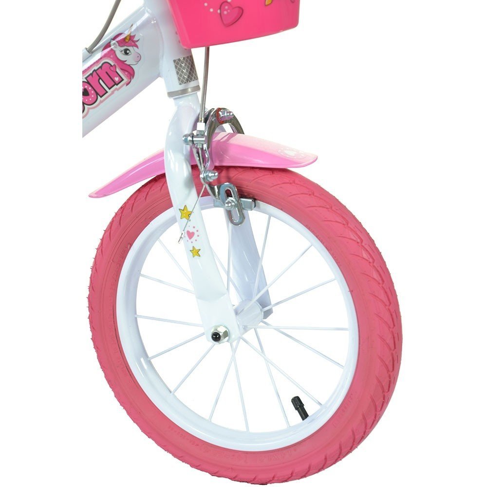 Bicicleta copii Dino Bikes Unicorn 14 inch ,varsta 4-7 ani, inaltimea 95-115 cm, frana de mana pe roata din fataspate, cosulet fata si scaun pentru papusa in spate, pinion spate fix, roti ajutatoare detasabile – imaginea 2