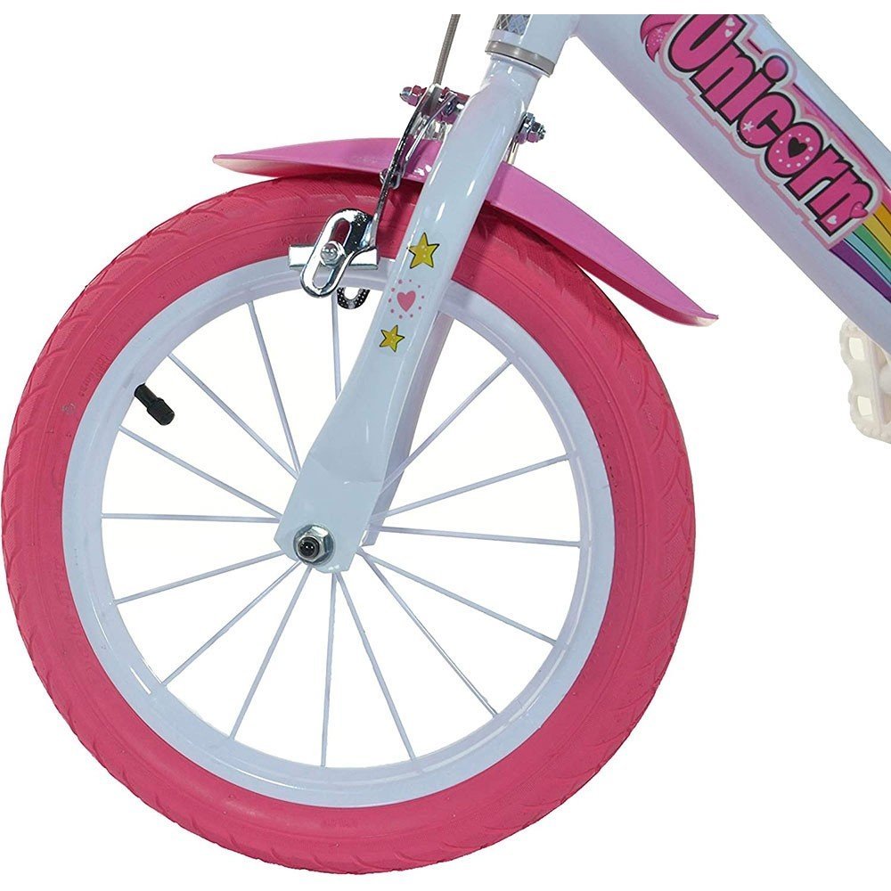 Bicicleta copii Dino Bikes Unicorn 14 inch ,varsta 4-7 ani, inaltimea 95-115 cm, frana de mana pe roata din fataspate, cosulet fata si scaun pentru papusa in spate, pinion spate fix, roti ajutatoare detasabile – imaginea 3