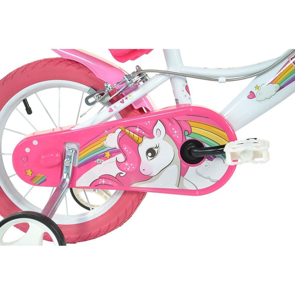 Bicicleta copii Dino Bikes Unicorn 14 inch ,varsta 4-7 ani, inaltimea 95-115 cm, frana de mana pe roata din fataspate, cosulet fata si scaun pentru papusa in spate, pinion spate fix, roti ajutatoare detasabile – imaginea 4