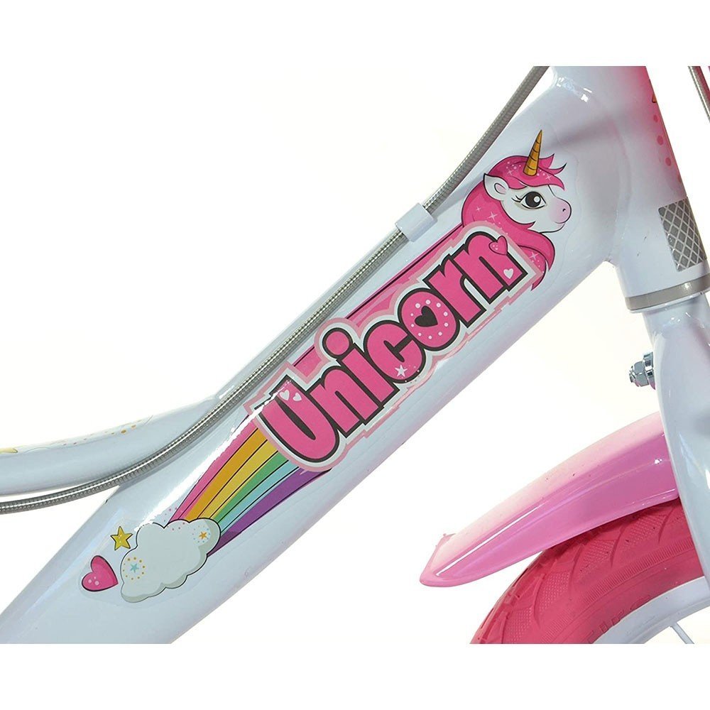 Bicicleta copii Dino Bikes Unicorn 14 inch ,varsta 4-7 ani, inaltimea 95-115 cm, frana de mana pe roata din fataspate, cosulet fata si scaun pentru papusa in spate, pinion spate fix, roti ajutatoare detasabile – imaginea 5