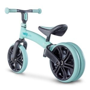 Bicicleta copii fara pedale Yvolution Y Velo Junior Eco green 9 inch, roti duble spate, varsta 18 luni-3 ani, scaun si ghidon reglabile in inaltime, greutatea maxima a copilului 20 kg