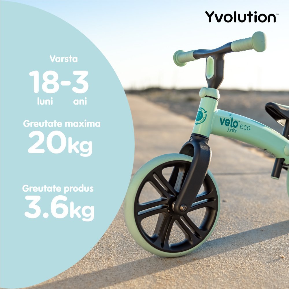 Bicicleta copii fara pedale Yvolution Y Velo Junior Eco green 9 inch, roti duble spate, varsta 18 luni-3 ani, scaun si ghidon reglabile in inaltime, greutatea maxima a copilului 20 kg – imaginea 7