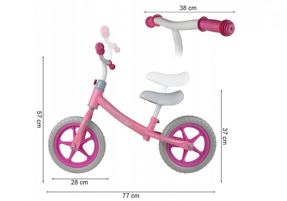 Bicicleta fara pedale cu roti de 12 inch din spuma EVA, cu scaun si ghidon reglabile in inaltime, Push Sport Roz, inaltime sezut 29-34 cm, de la 3 ani, inaltime recomandata 80-108 cm – imaginea 2