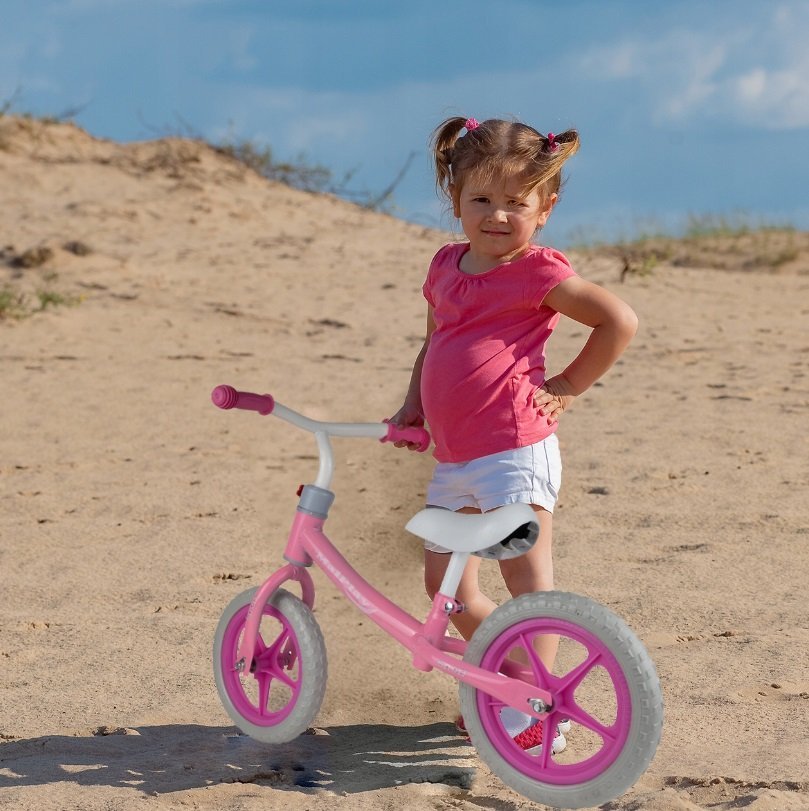 Bicicleta fara pedale cu roti de 12 inch din spuma EVA, cu scaun si ghidon reglabile in inaltime, Push Sport Roz, inaltime sezut 29-34 cm, de la 3 ani, inaltime recomandata 80-108 cm – imaginea 4