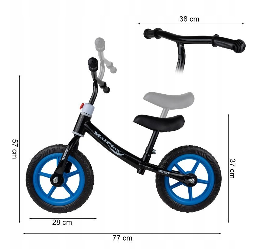 Bicicleta fara pedale cu roti de 12 inch din spuma EVA, cu scaun si ghidon reglabile in inaltime, Push Sport Blue, inaltime sezut 29-34 cm, de la 3 ani, inaltime recomandata 80-108 cm – imaginea 2