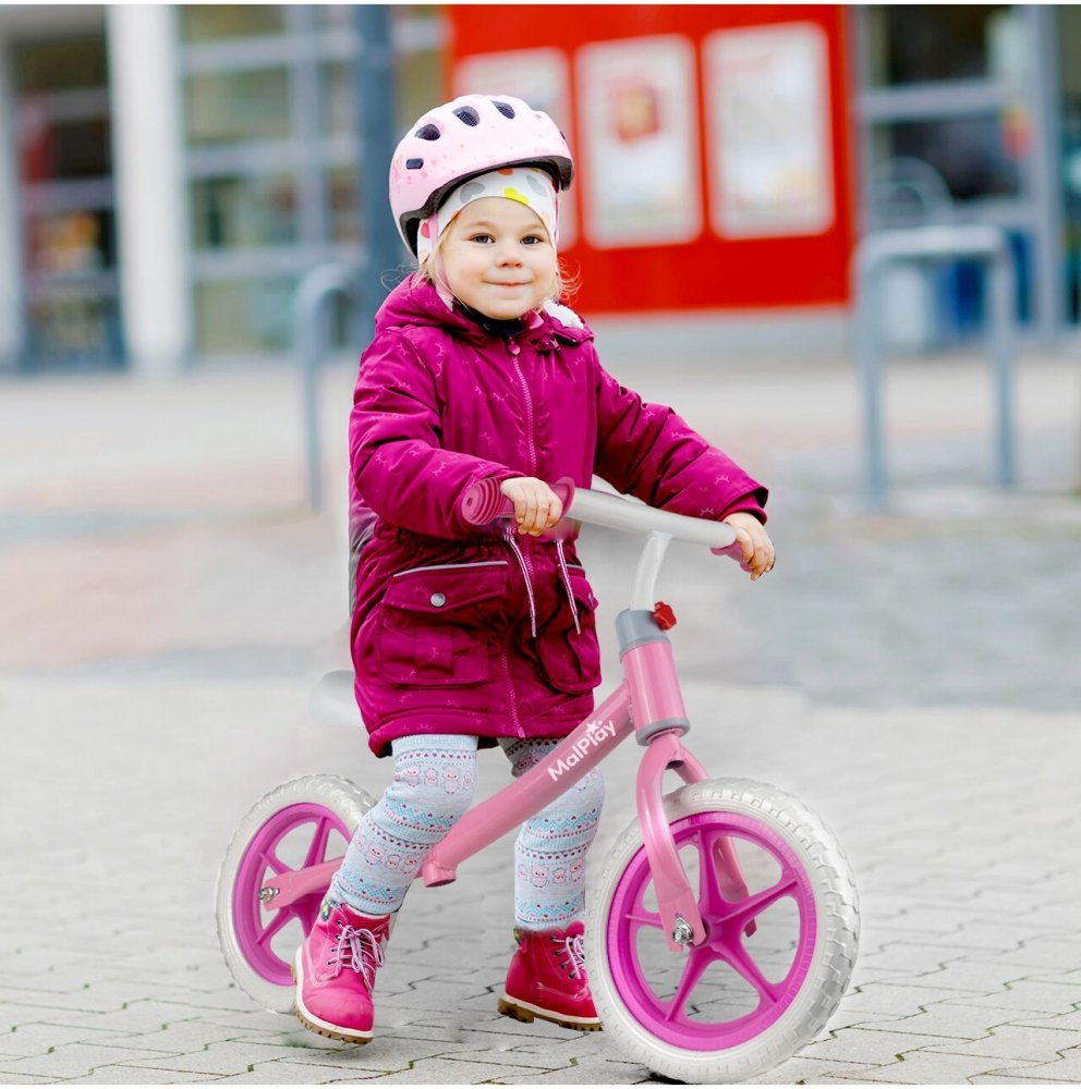 Bicicleta fara pedale cu roti de 12 inch din spuma EVA, cu scaun si ghidon reglabile in inaltime, Push Sport Roz, inaltime sezut 29-34 cm, de la 3 ani, inaltime recomandata 80-108 cm – imaginea 8