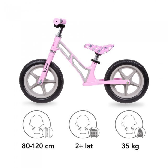 Bicicleta copii fara pedale Kidwell Comet Pink Gray 12 inch, cu cadru din magneziu, roti din spuma EVA, scaun reglabil pe inaltime 36-44 cm, inaltimea copilului 80-120 cm, greutatea maxima admisa 35 kg – imaginea 3