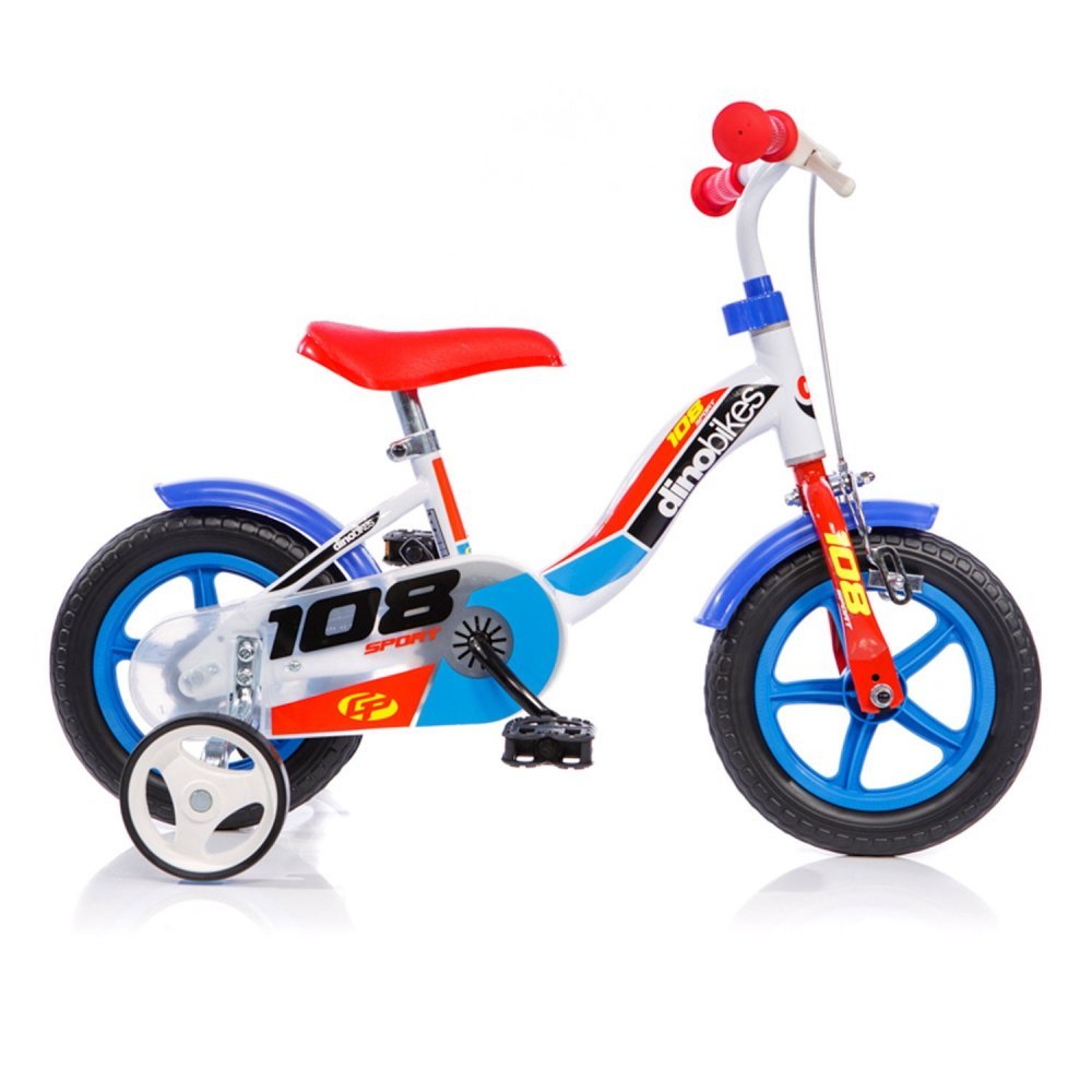 Bicicleta pentru copii Dino Bikes 108 Sport alb si albastru 10 inch, de la 3 ani, inaltimea 78-90 cm, roti din spuma EVA, frana de mana pe roata din fata, claxon pe ghidon, roti ajutatoare – imaginea 2