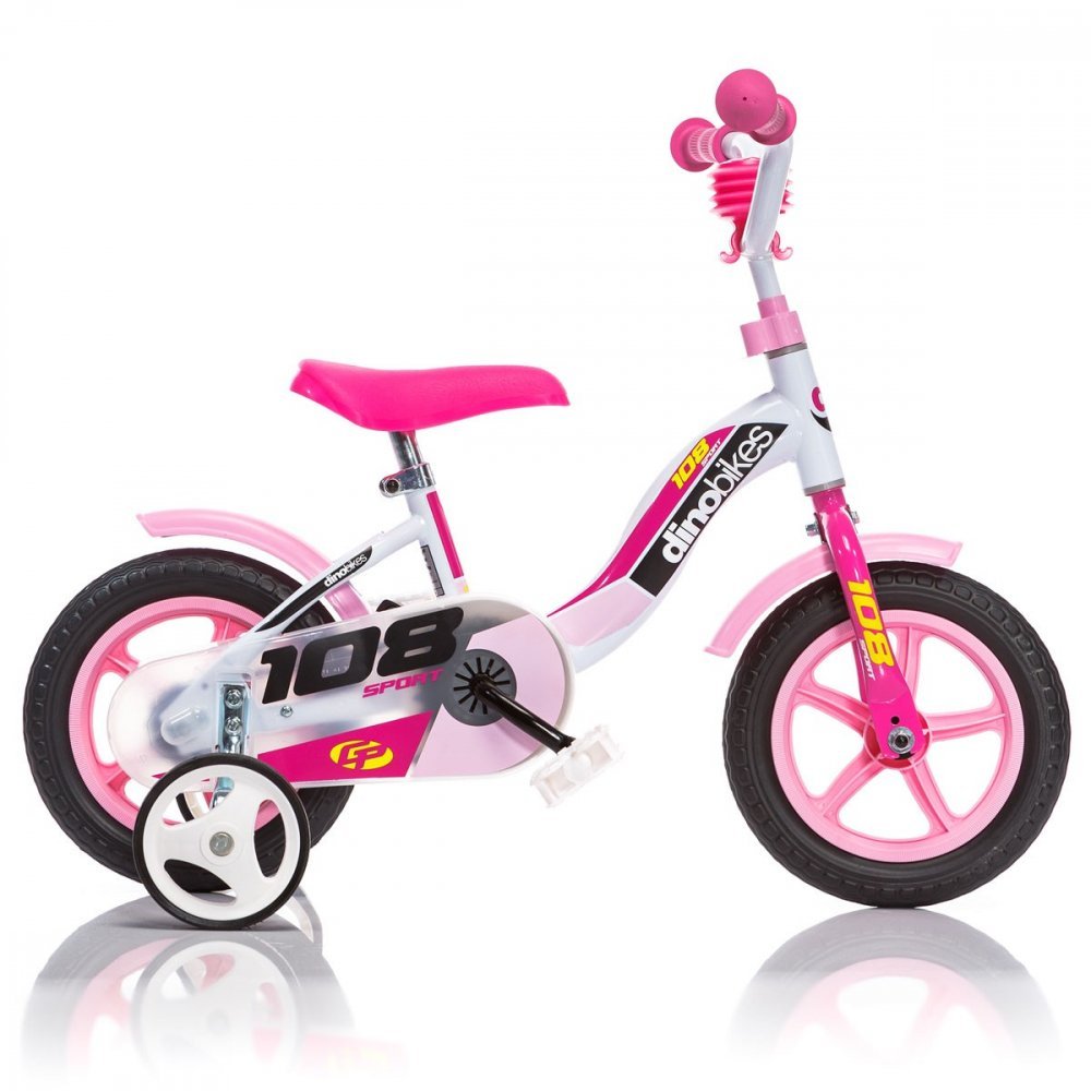 Bicicleta copii Dino Bikes 108 Sport alb si roz 10 inch, frana de mana pe roata din fata, roti ajutatoare, de la 3 ani, inaltimea recomandata 78-90 cm, claxon pe ghidon, roti din spuma EVA – imaginea 2