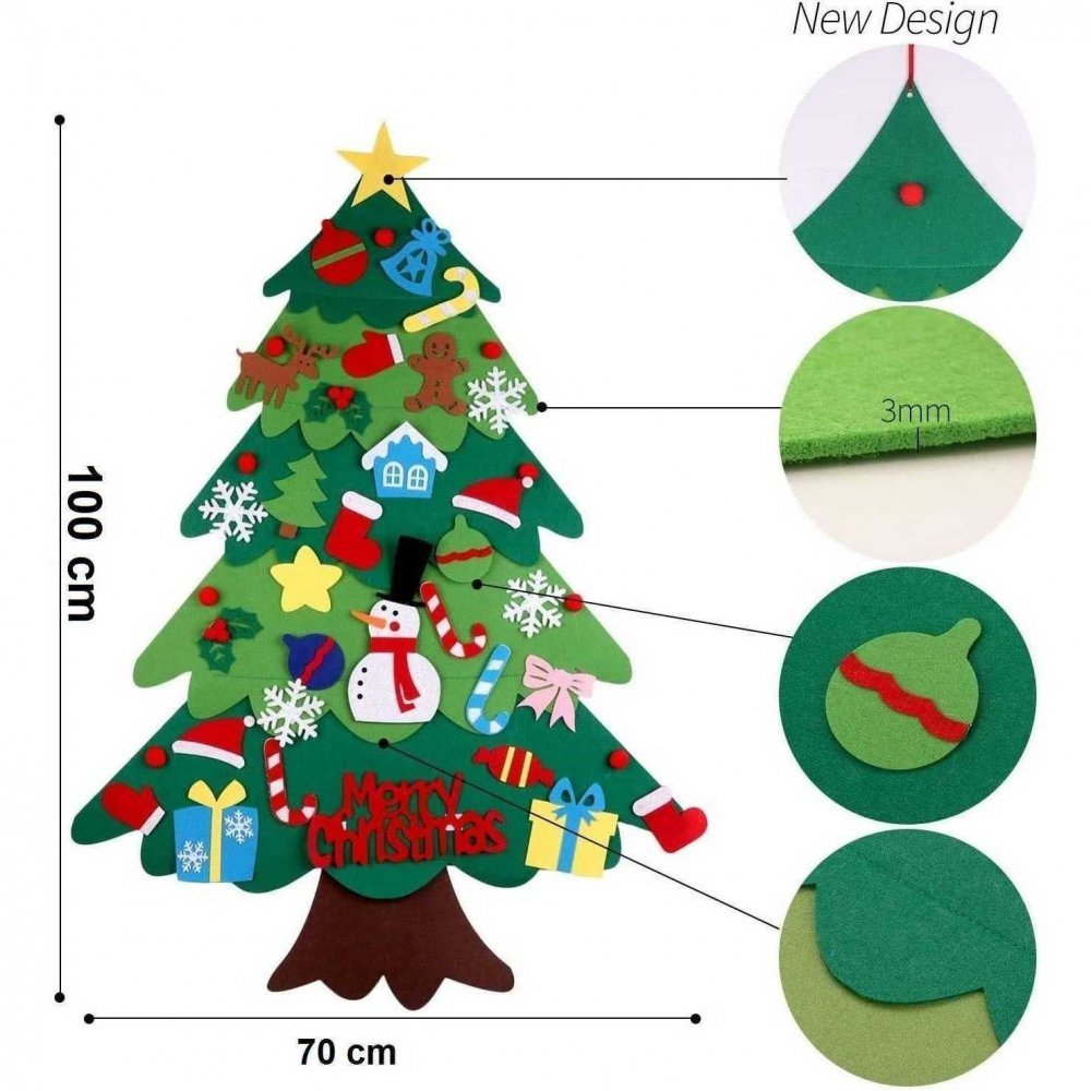 Brad de Craciun din Fetru in 2 culori 100×70 m 32 decoratiuni si banda Led inclusa Bambinice – imaginea 4