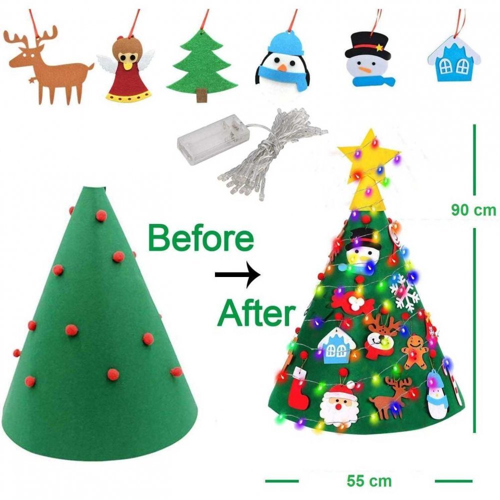Brad de Craciun din Fetru model Conic 3D 75x50cm 18 decoratiuni si banda Led inclusa Bambinice – imaginea 2