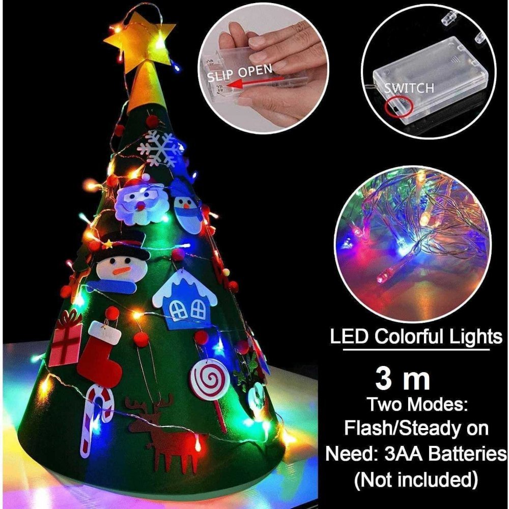 Brad de Craciun din Fetru model Conic 3D 75x50cm 18 decoratiuni si banda Led inclusa Bambinice – imaginea 5