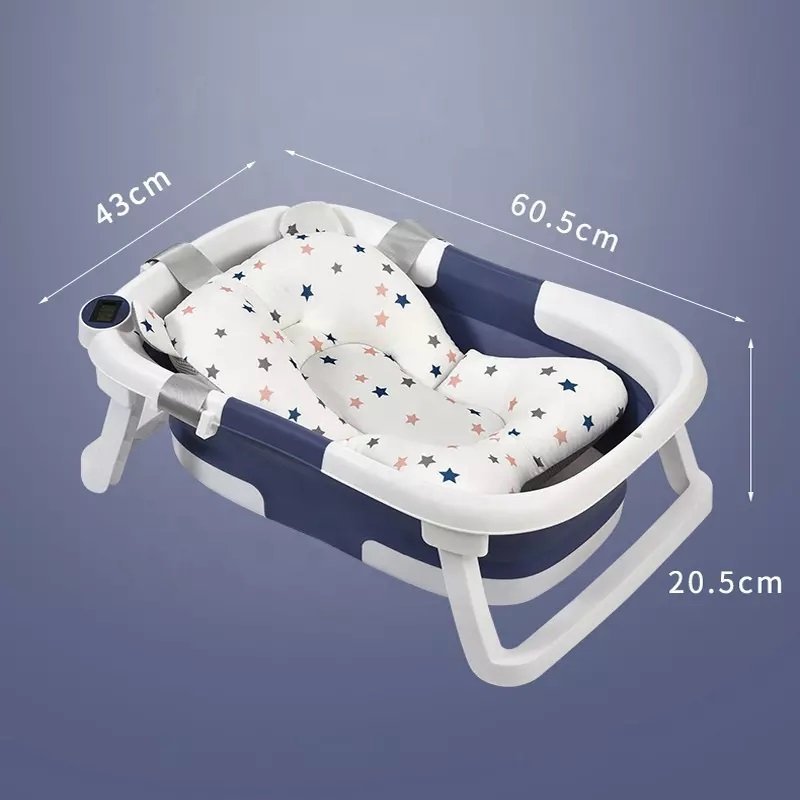 Cadita bebelusi ultrapliabila Little Mom Blue, cu pernuta moale plutitoare, termometru incorporat, display digital, cu dop pentru evacuarea apei, suport cap de dus, antiderapant, material Non-Toxic – imaginea 2