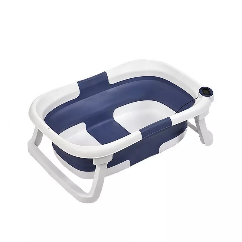 Cadita bebelusi ultrapliabila Little Mom Blue, cu pernuta moale plutitoare, termometru incorporat, display digital, cu dop pentru evacuarea apei, suport cap de dus, antiderapant, material Non-Toxic – imaginea 5