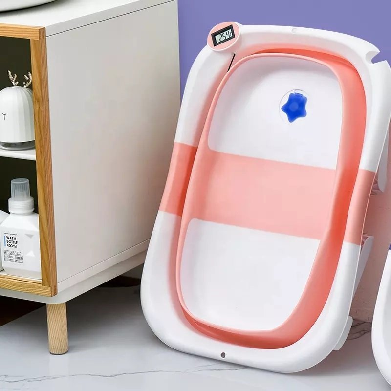 Cadita bebelusi ultrapliabila Little Mom Pink, cu pernuta moale plutitoare, termometru incorporat, display digital, cu dop pentru evacuarea apei, suport cap de dus, antiderapant, material Non-Toxic – imaginea 2