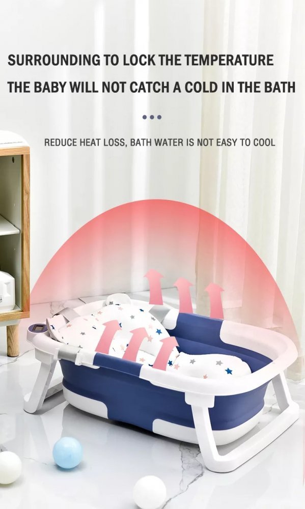Cadita bebelusi ultrapliabila Little Mom Pink, cu pernuta moale plutitoare, termometru incorporat, display digital, cu dop pentru evacuarea apei, suport cap de dus, antiderapant, material Non-Toxic – imaginea 3