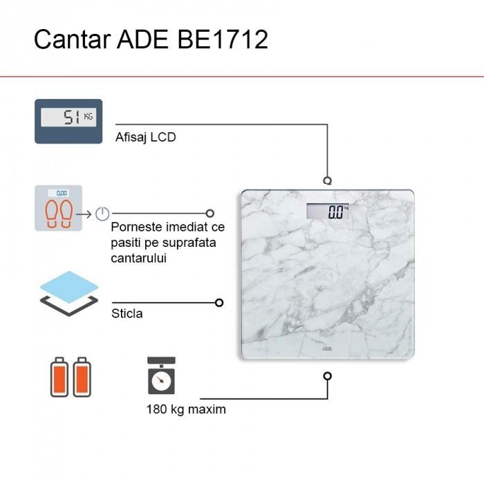 Cantar corporal electronic ADE BE1711 Aurora Model Marmura ecran LCD alb