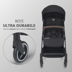 Carucior sport autofold Coccolle Melia Diamond Black, cadru aluminiu anodizat, copertina XXL cu protectie UV 50+, pozitie verticala dupa pliere, certificat pana la 22 kg