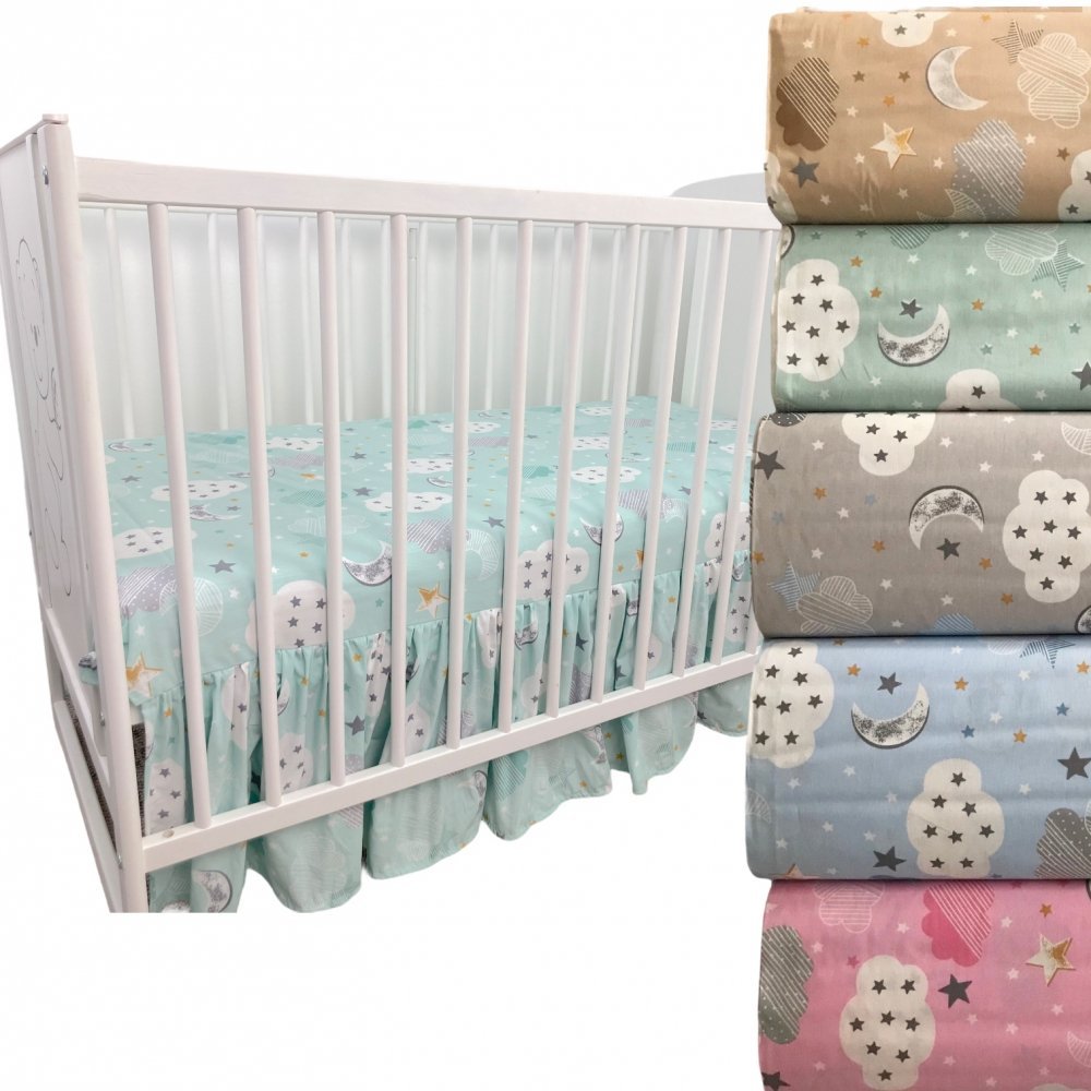 Cearsaf 120×60 cm cu volanas in fata din bumbac cu imprimeu Nori cu luna – imaginea 3