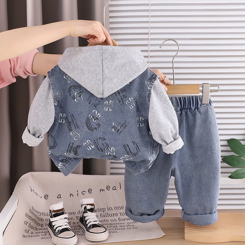 Compleu Băieți 3 Piese Gri – Vestă Denim, Hanorac și Blugi – 12-18 luni – imaginea 2