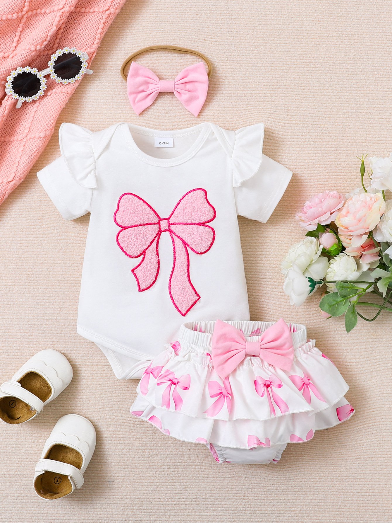 Compleu Fetite Alb cu Roz 3 Piese Rhea – 12-18 luni – imaginea 2