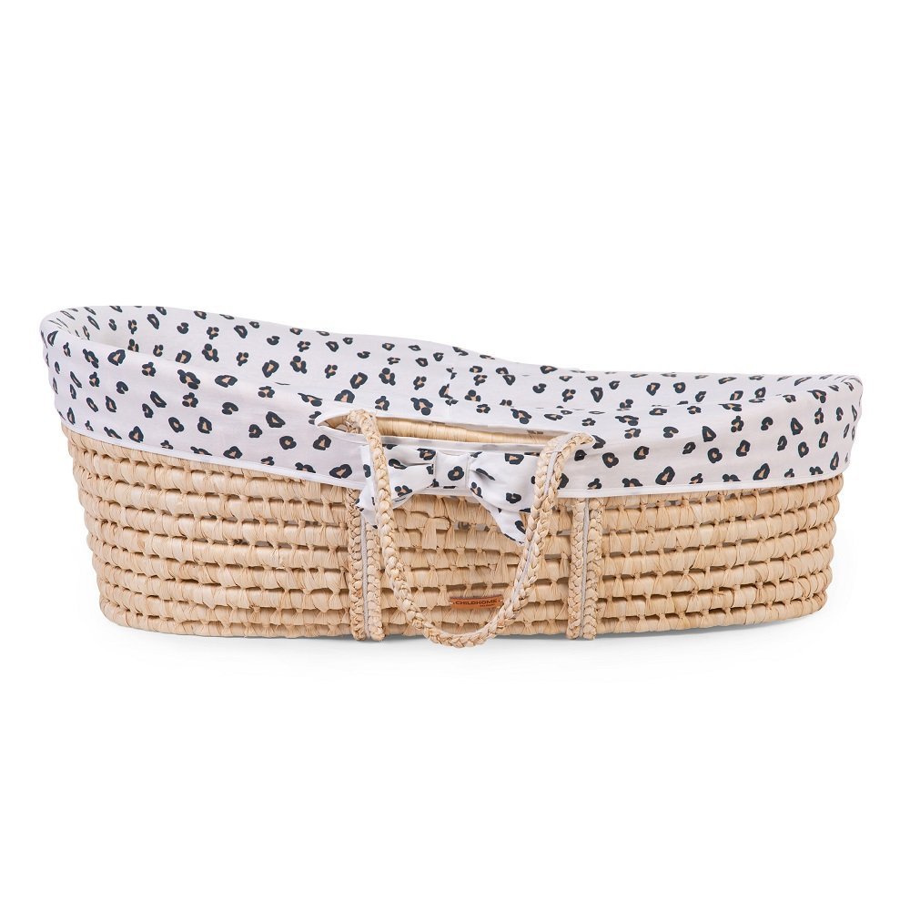 Cos bebe Childhome Moise Leopard din coji de porumb cu saltea husa jerse detasabila si lavabila, usor de transportat, dimensiuni  84 x 47 x 29 cm