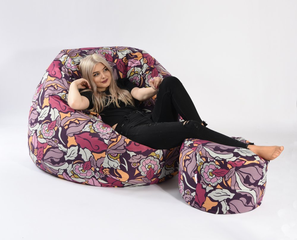 Fotoliu Pufrelax king size si otoman flower power umplut cu fulgi de burete memory mix – imaginea 2