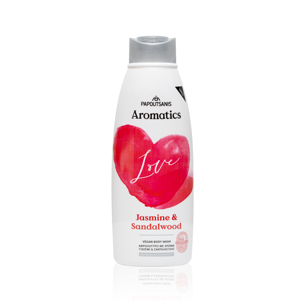 Gel de dus 100 vegan Love Aromatics cu parfum de iasomie si lemn de santal cu prebiotice vit E si aloe 600ml