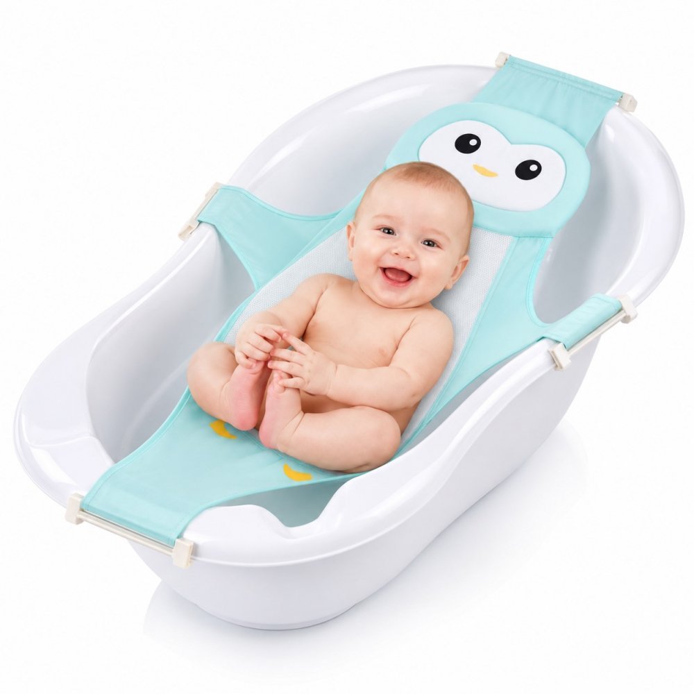 Hamac cadita Little Mom Bathnet Blue Penguin moale, uscare rapida, versatil, varsta 0-12 luni – imaginea 8