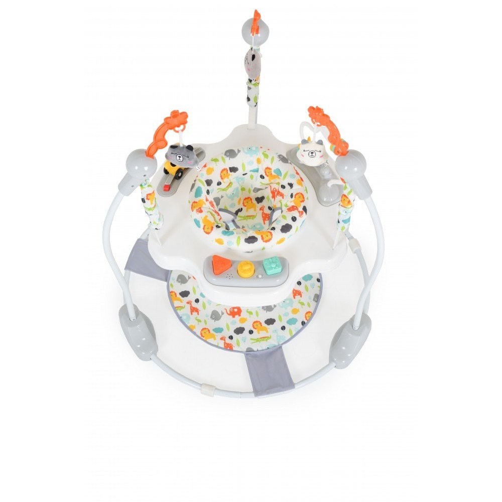 Jumper pentru copii Moni Magic fun Grey cu scaun rotativ 360,inaltime reglabila pe 3 nivele,panou interactiv cu butoane muzicale,jucarii din plus,recomandat de la 6luni si maxim 12 kg – imaginea 2
