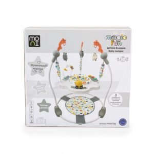 Jumper pentru copii Moni  Magic fun Beige cu scaun rotativ 360,inaltime reglabila pe 3 nivele,panou interactiv cu butoane muzicale,jucarii din plus,recomandat de la 6luni si maxim 12 kg