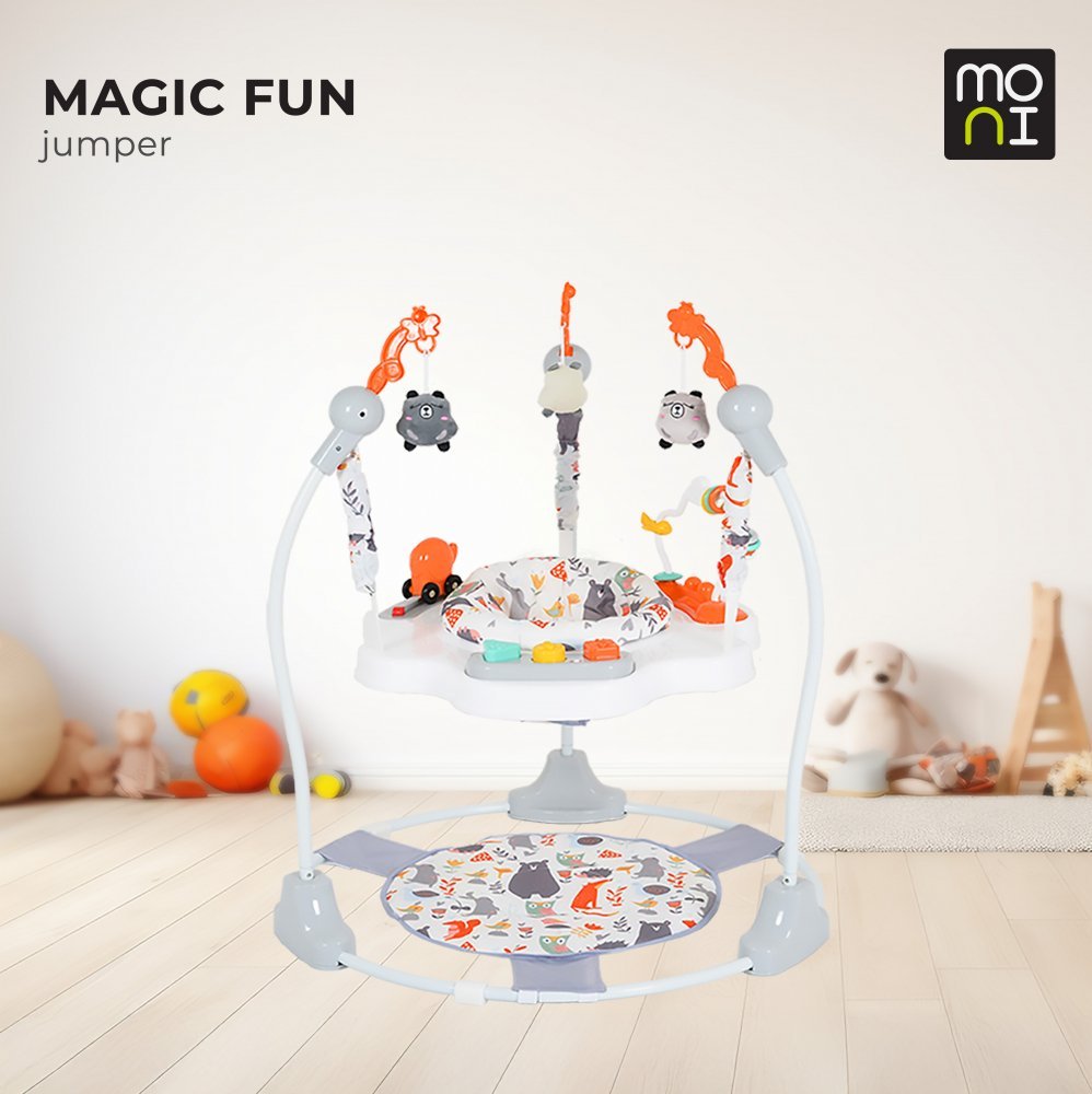 Jumper pentru copii Moni Magic fun Grey cu scaun rotativ 360,inaltime reglabila pe 3 nivele,panou interactiv cu butoane muzicale,jucarii din plus,recomandat de la 6luni si maxim 12 kg – imaginea 4