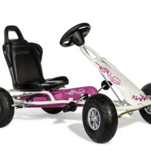 Kart Air Runner Flower, alb, scaun ajustabil, functie free-wheel, roti pneumatice, frana de mana, volan cu sunete, 102 X 60 X h64 cm