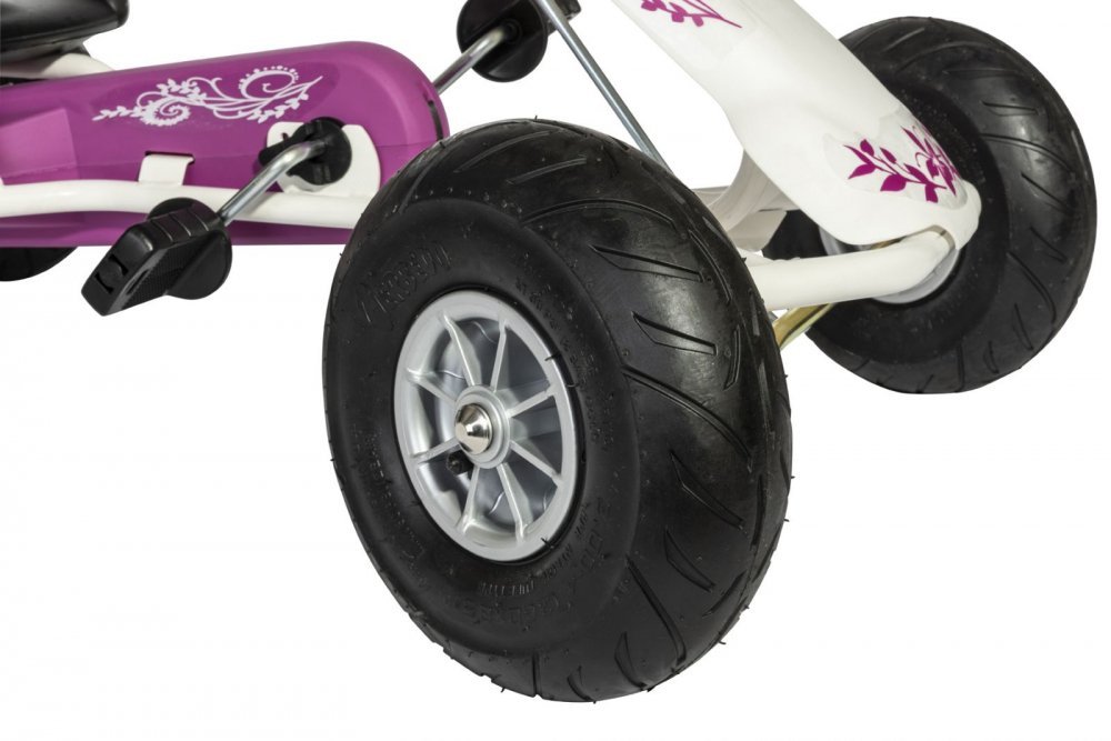 Kart Air Runner Flower, alb, scaun ajustabil, functie free-wheel, roti pneumatice, frana de mana, volan cu sunete, 102 X 60 X h64 cm – imaginea 4